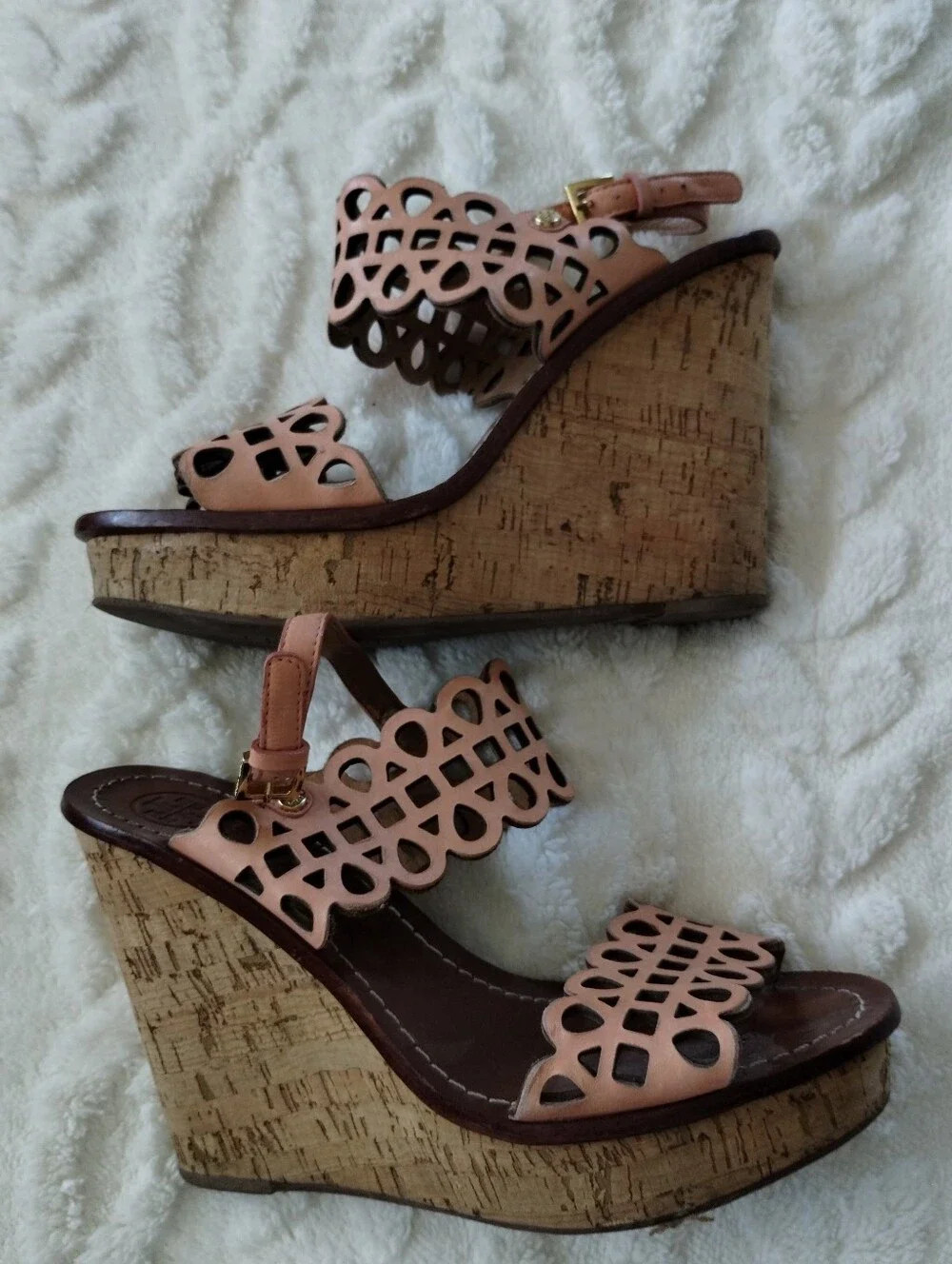 Tory Burch Nori Wedge Tan Laser-Cut Leather Sandals